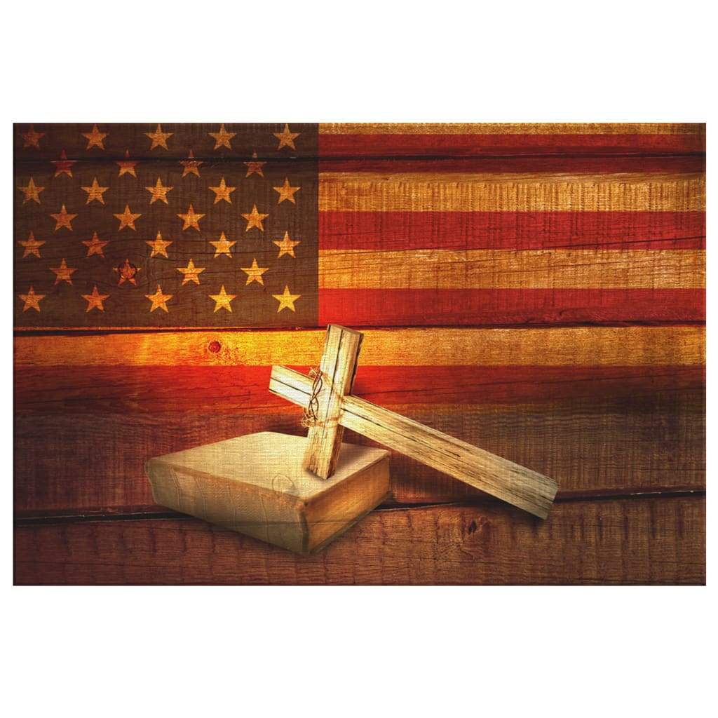 Faith-based wall art with an American flag cross and Bible design, great religious gift for patriotic Christians.