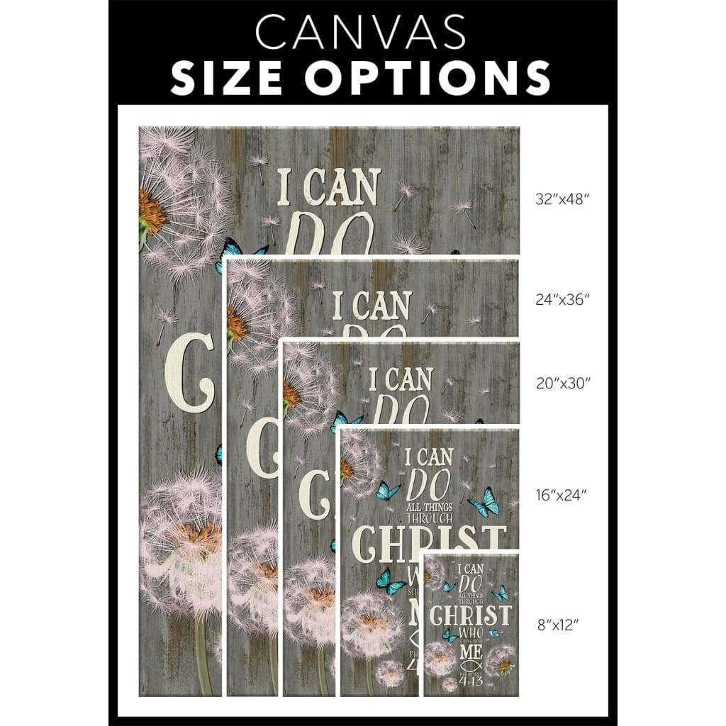 Christian wall decor with the Bible verse "I Can Do All Things Through Christ" and dandelion butterfly on a gray wooden background.