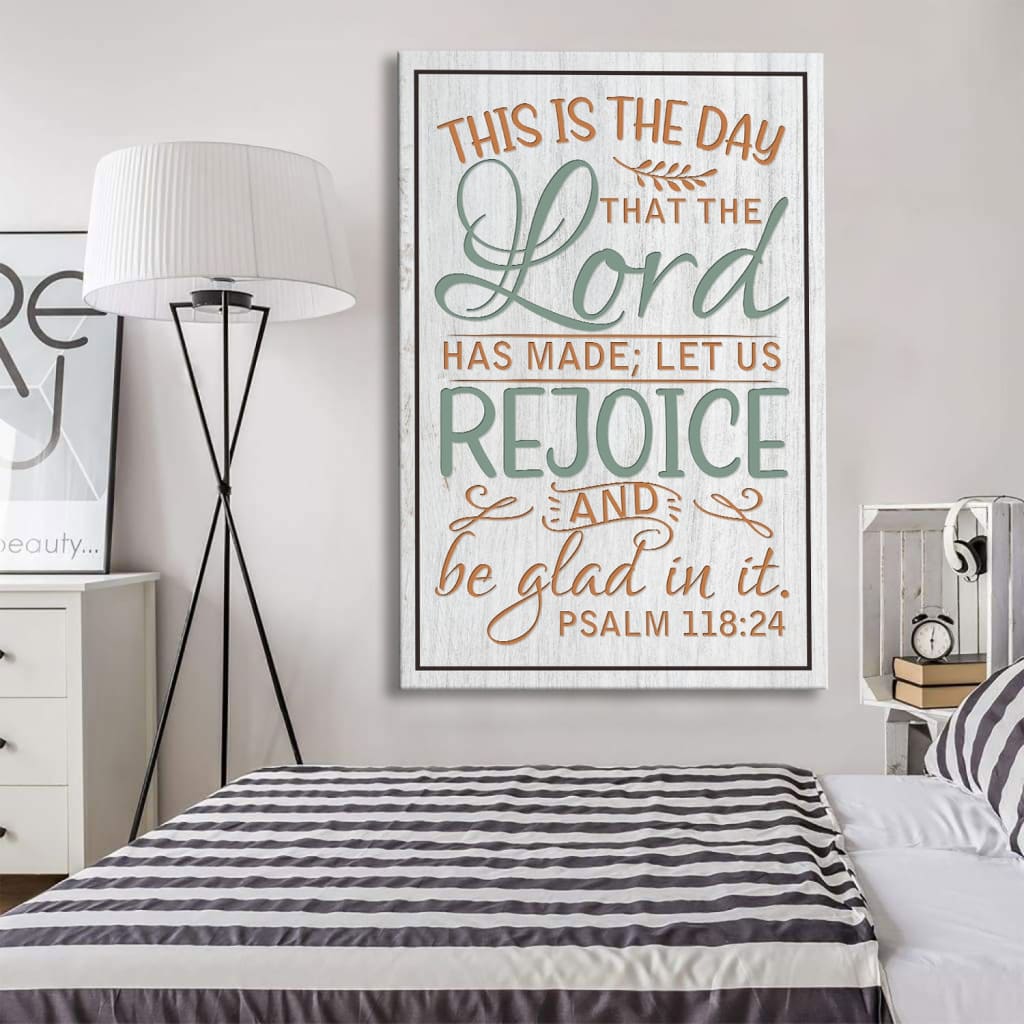 Bible verse wall decor with Psalm 118:24, "This Is The Day That The Lord Has Made," rustic canvas print, ideal for Christian homes.