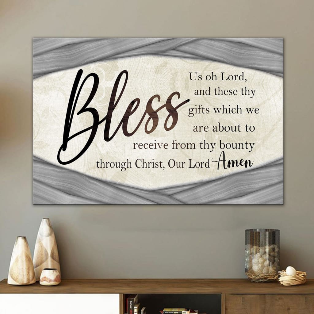 "Bless Us Oh Lord" prayer before meals wall art, Gray wooden border, inspirational Christian decor.
