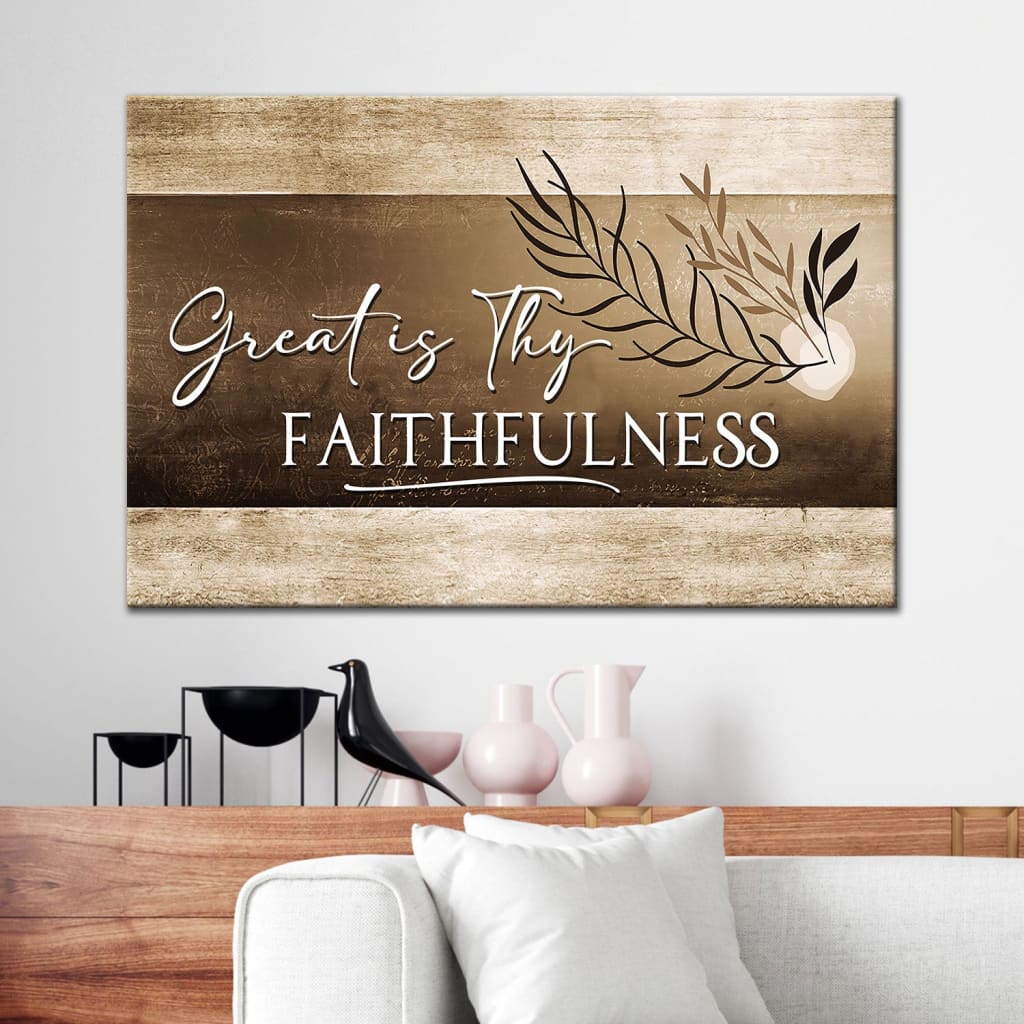 Christian art, "Great Is Thy Faithfulness" Christian wall art canvas print, brown color, perfect for inspiring home decor.