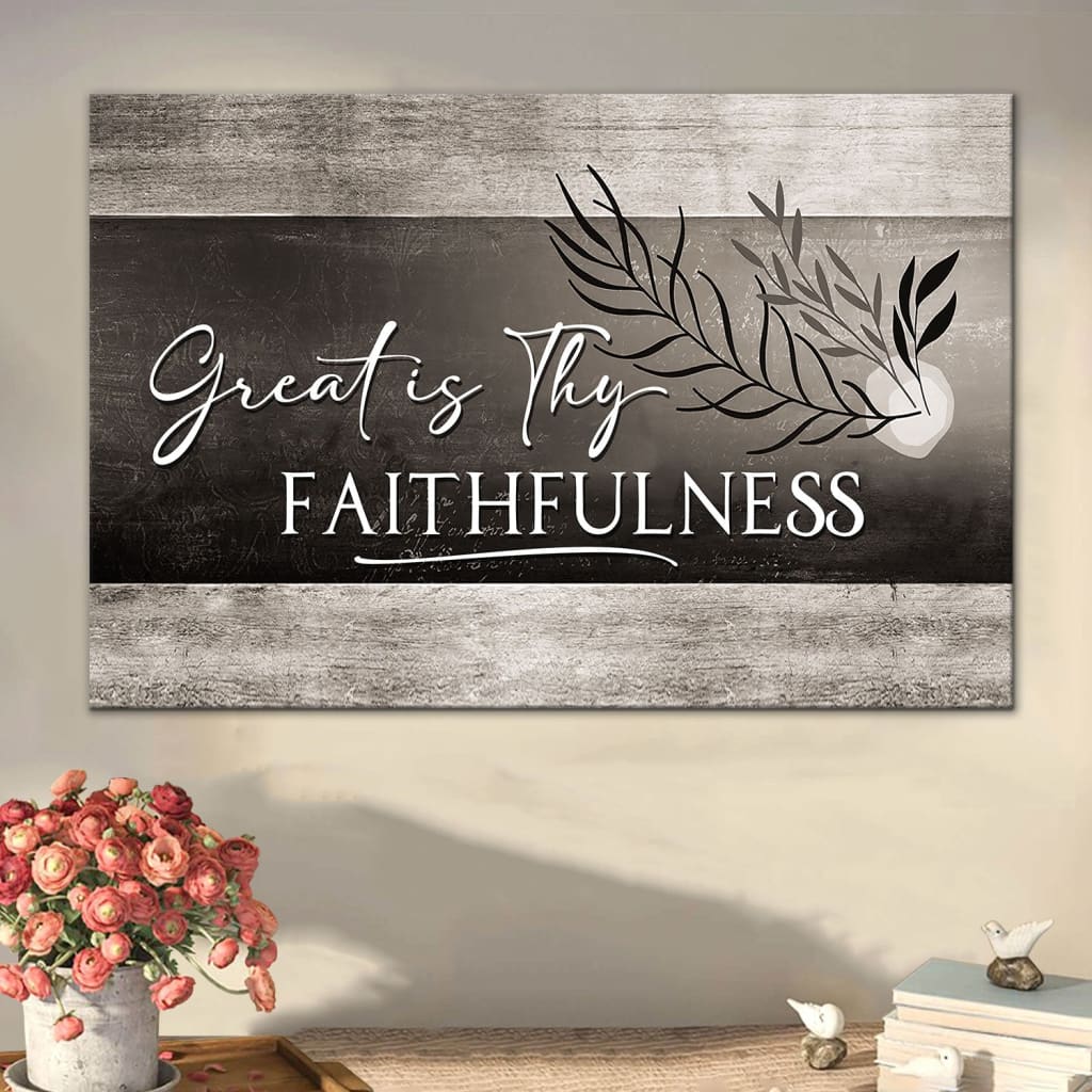 Faith-filled Christian wall art canvas featuring "Great Is Thy Faithfulness" in a classic Grey color.