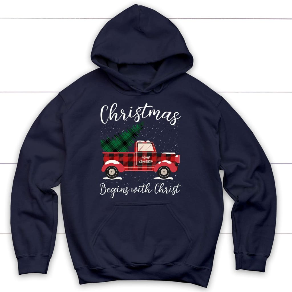 Christmas begins with Christ plaid truck Christian hoodie Navy / S