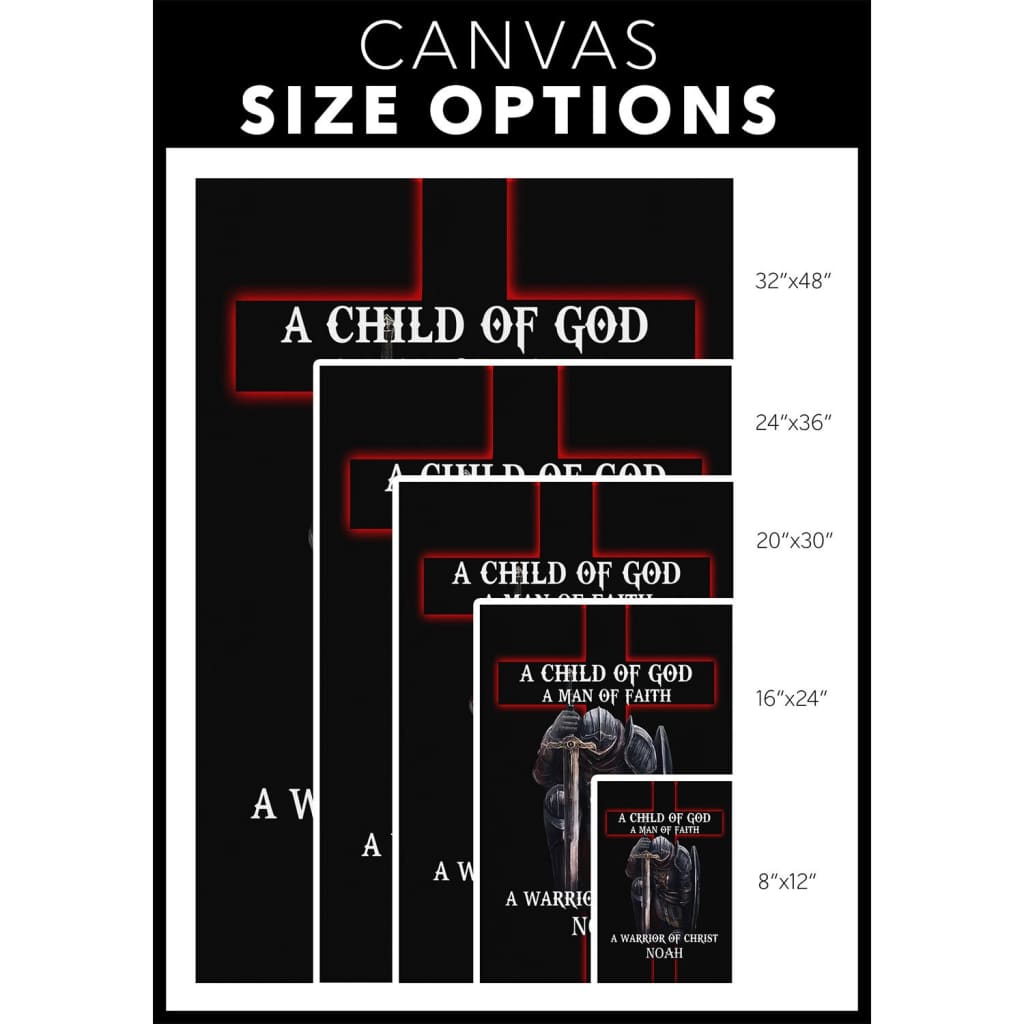 Faith-based wall art featuring "Child of God Man of Faith Warrior of Christ" and custom name, great for religious decoration.