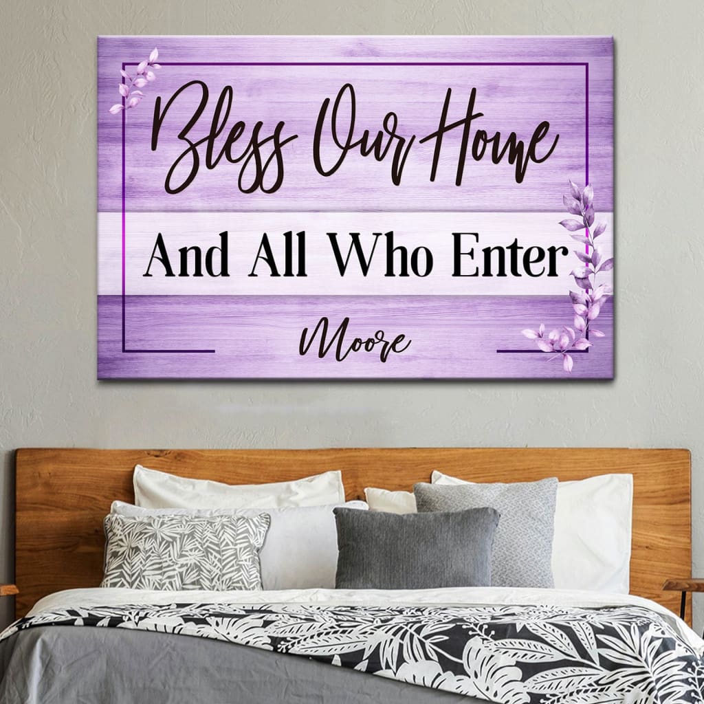 "Bless Our Home" personalized Christian wall art canvas, featuring custom family name for a unique touch / Purple.