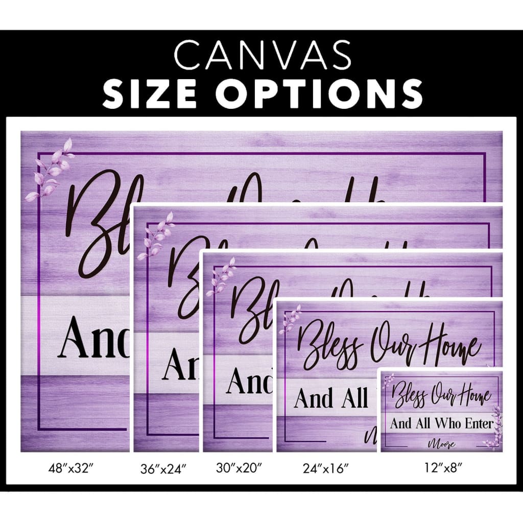 Customizable "Bless Our Home" Christian wall art canvas with family name, ideal for Christian gifts / size options.