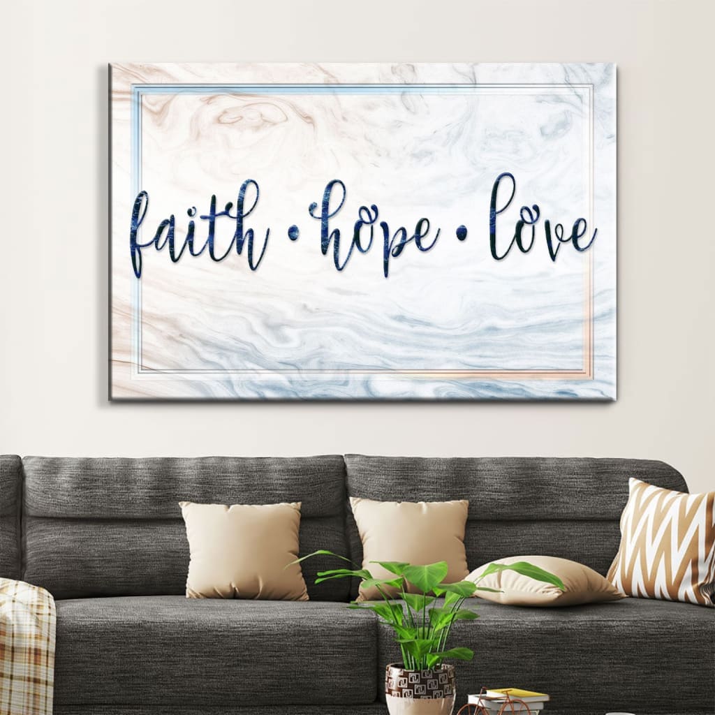 Christian wall decor featuring "Faith, Hope, Love" canvas print, ideal for adding a rustic touch to your home.