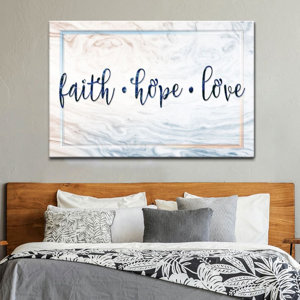 "Faith, Hope, Love" wall art canvas in modern farmhouse style, perfect for Christian home decor.