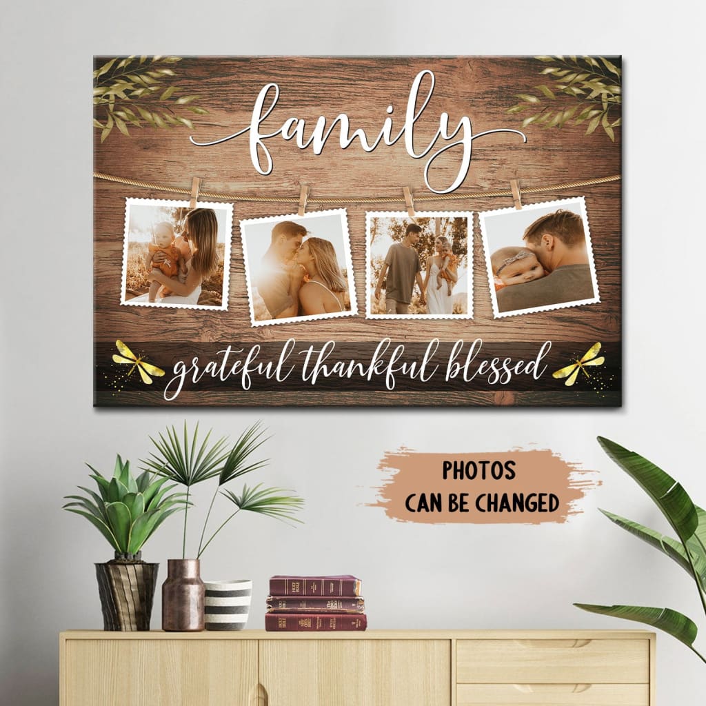Christian wall art canvas featuring "Grateful Thankful Blessed" with personalized family photos, ideal for faith-based gifts.