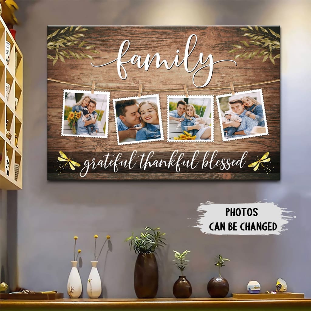Personalized wall art with "Grateful Thankful Blessed" and custom family photos, perfect for Christian home décor.