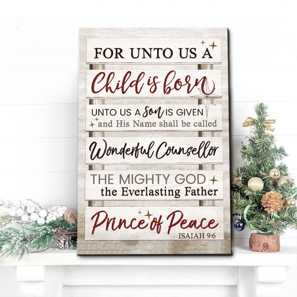 Rustic Christmas wall art featuring "For Unto Us A Child Is Born" Isaiah 9:6, perfect faith-based holiday decor.