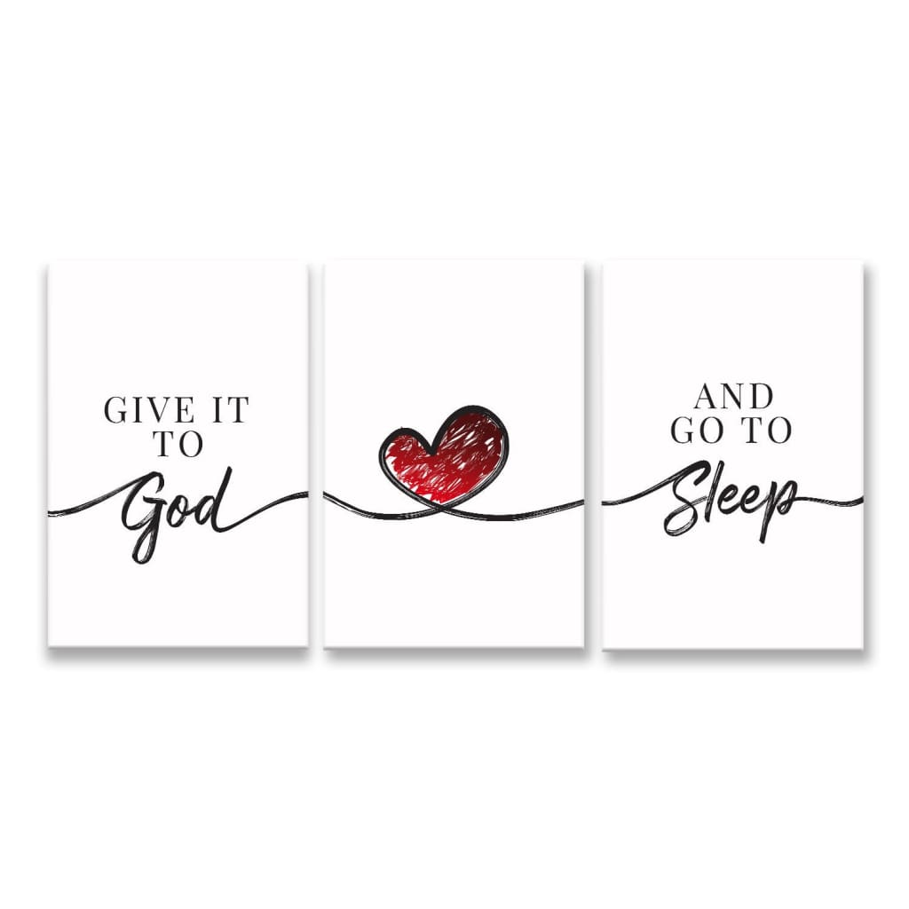 "Give It to God and Go to Sleep" canvas, serene 3-panel Christian artwork for bedrooms or tranquil areas.