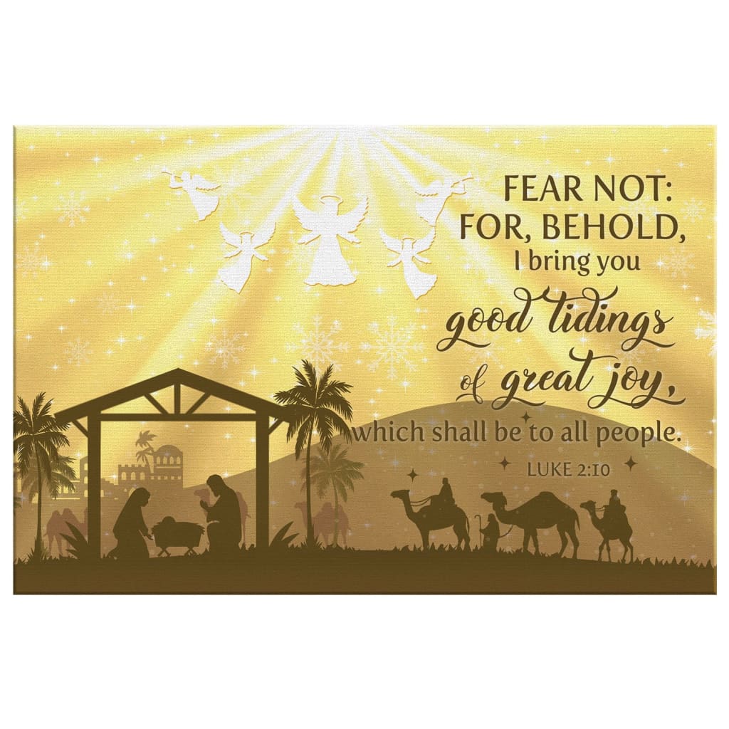 Faith-based Christmas wall art displaying "Good Tidings Of Great Joy" with the nativity and Star of Bethlehem, great religious holiday decor.