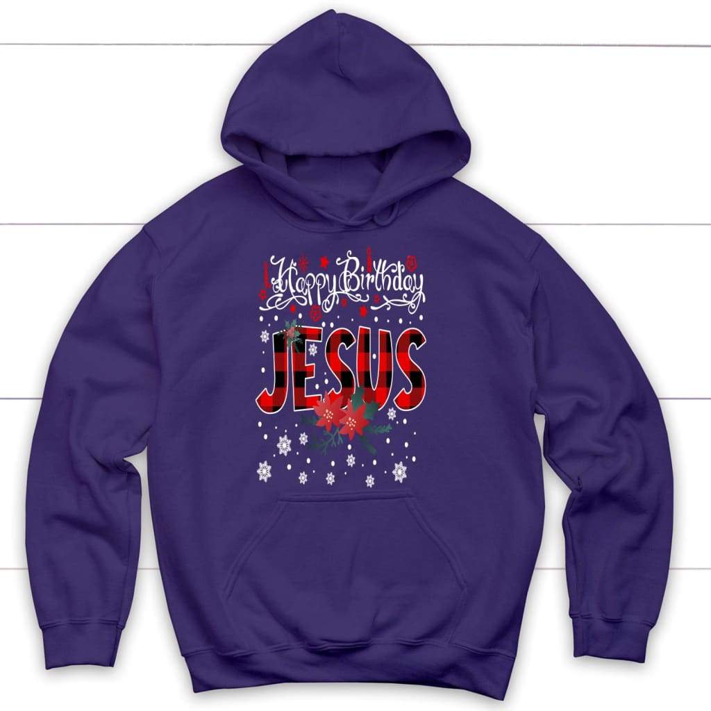 Happy birthday Jesus buffalo plaid Christmas hoodie Christian Christmas gifts Purple / S