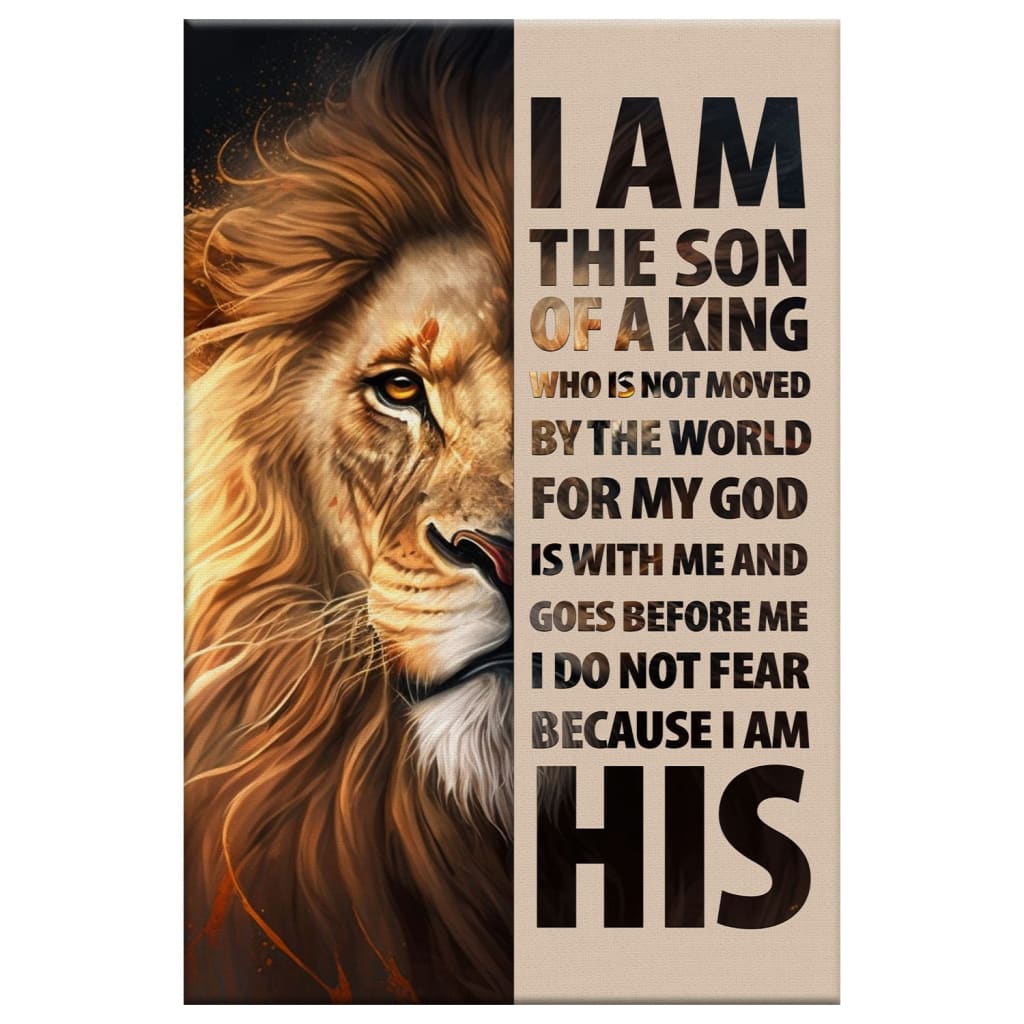 Inspirational canvas print with "I Am The Son Of A King" and Lion of Judah, ideal Christian gift for believers.
