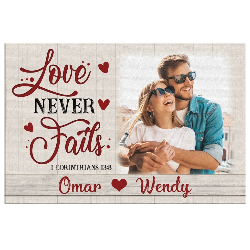 Christian canvas with "Love Never Fails," personalized with photo and names, inspirational home decor.