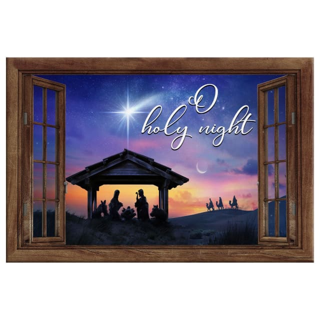 Faith-based Christmas wall art displaying the Nativity of Christ with "O Holy Night" and a window frame, great religious holiday decor.