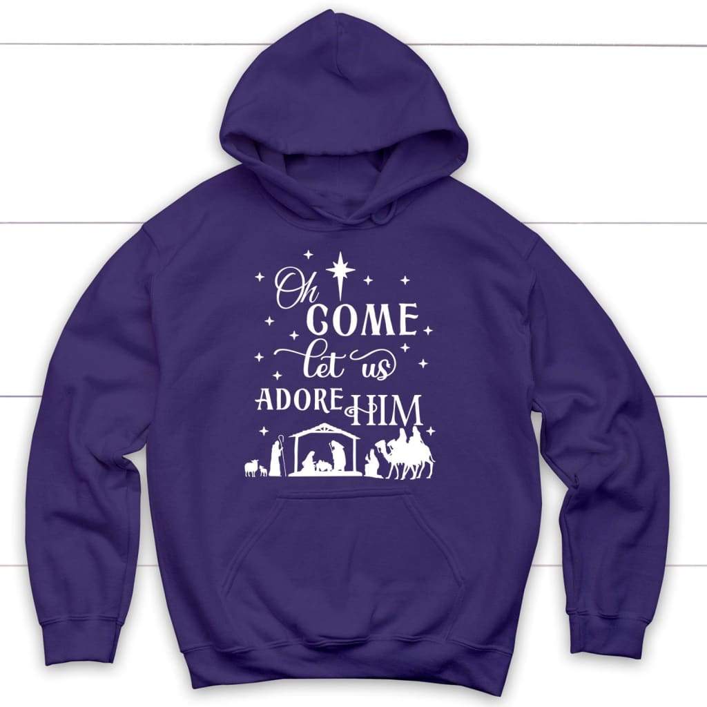 Oh come let us adore Him Christmas Hoodie - Christian Christmas Hoodies Purple / S