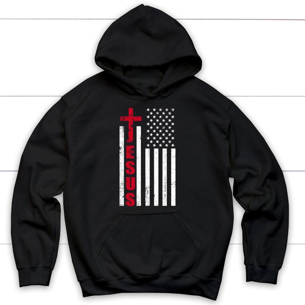 Patriotic hoodies: Jesus word cross with American flag Christian hoodie Black / S