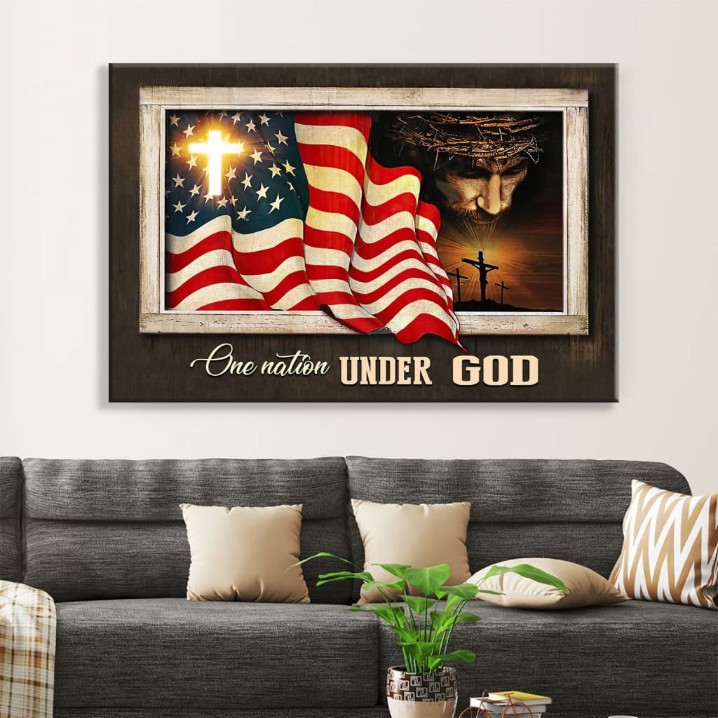 "One Nation Under God" Christian wall art featuring Jesus Christ artwork, perfect for patriotic decor.
