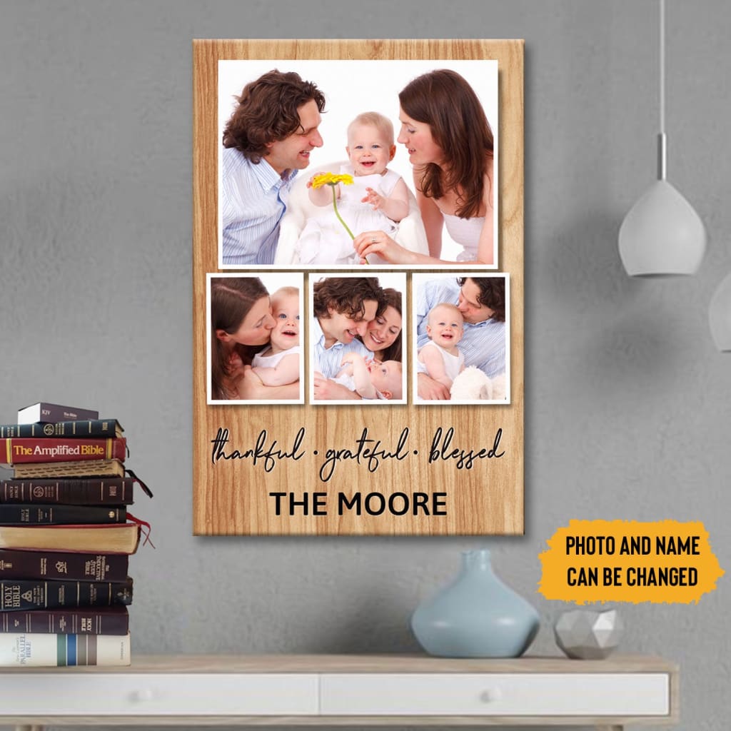 Faith-based personalized wall art with "Thankful Grateful Blessed," custom family name, and photos, great for Christian homes.