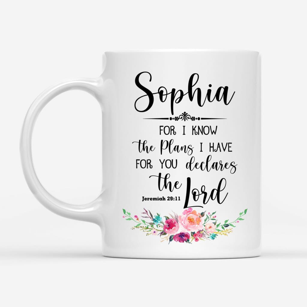 Faith-based mug with Jeremiah 29:11 Bible verse and personalized name, great for religious and inspirational gifts.