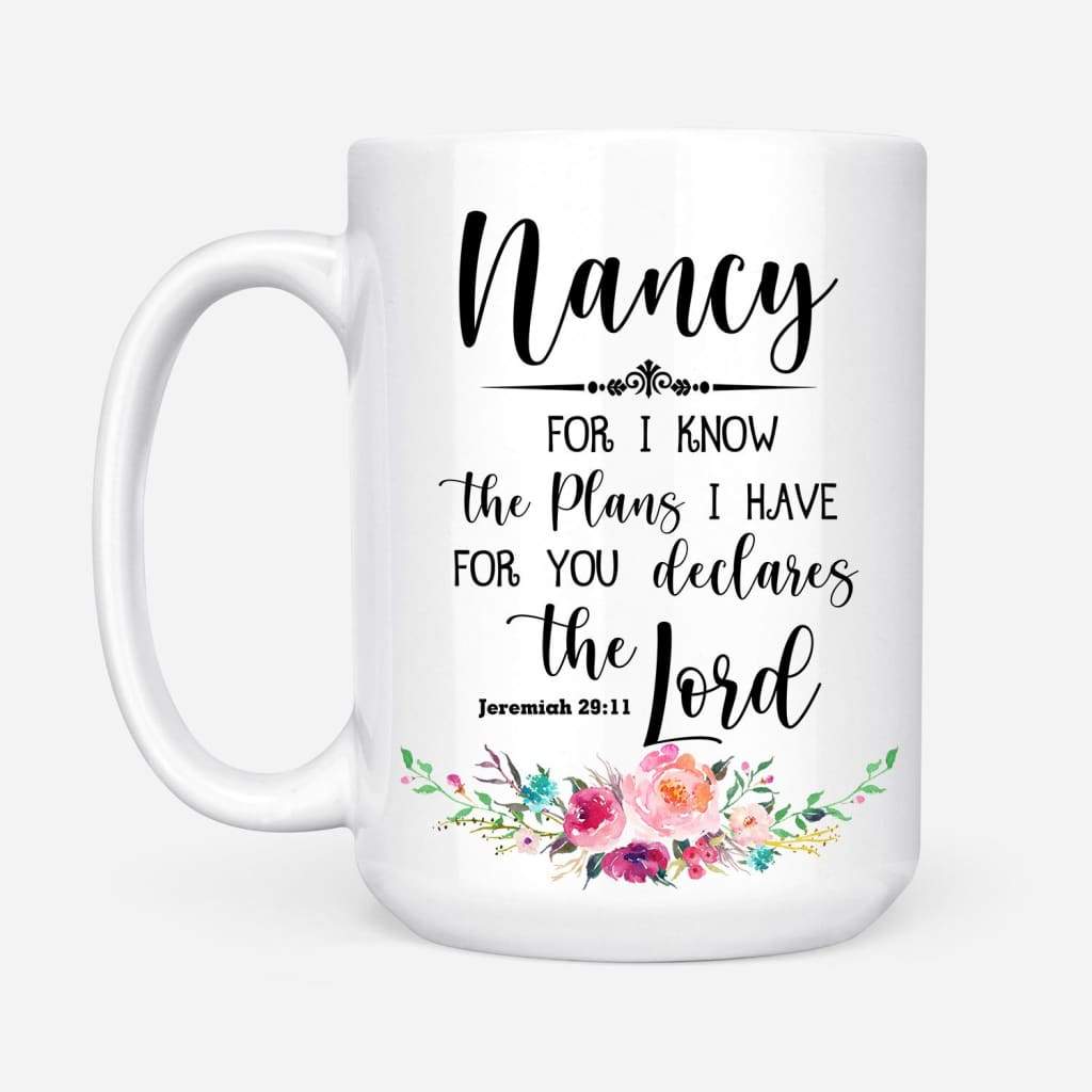 Custom mug with "For I Know the Plans I Have for You" Bible verse and your name, perfect for Christian gifts.