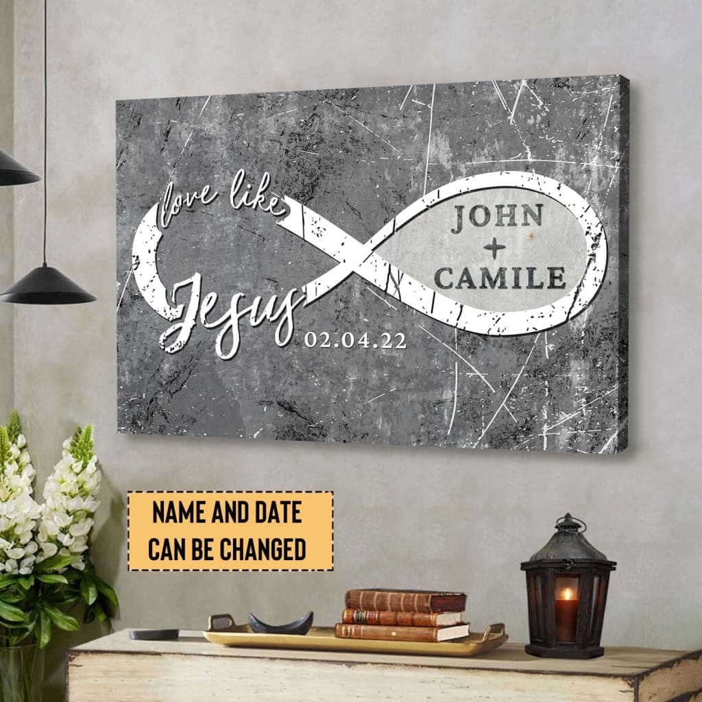Personalized wall art with "Love Like Jesus," custom names, and date, perfect for Christian gifts and home décor.
