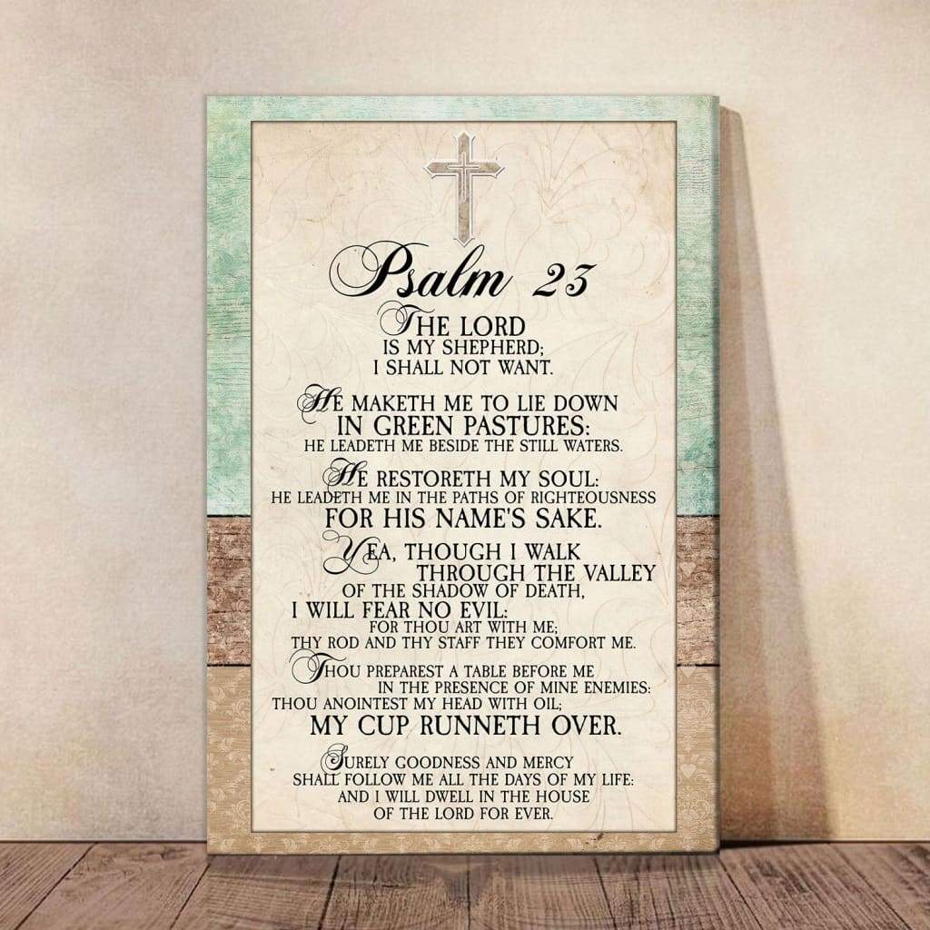 Bible verse wall art with Psalm 23 KJV, rustic canvas print, ideal for Christian homes and gifts.