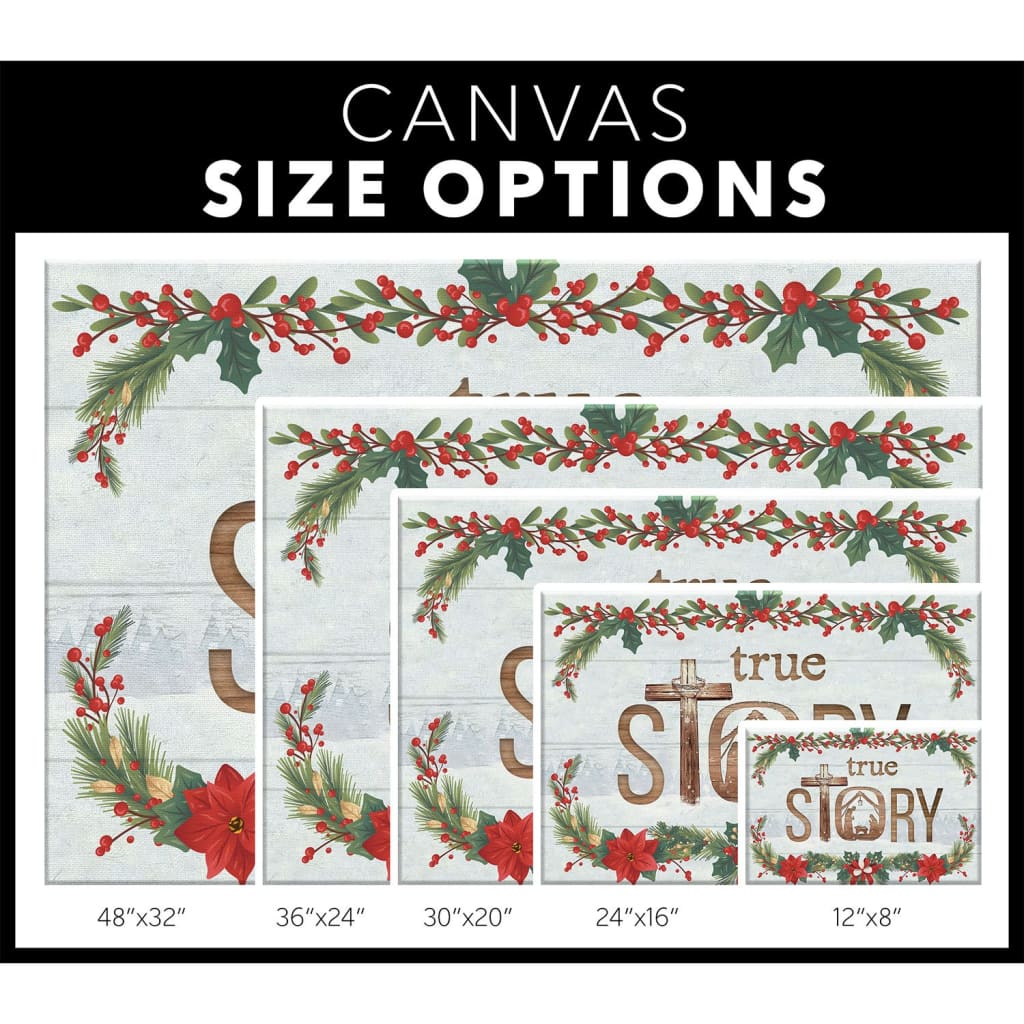 Faith-based Christmas wall art showcasing "True Story Jesus Born In A Manger," great Christian decor / canvas size options.