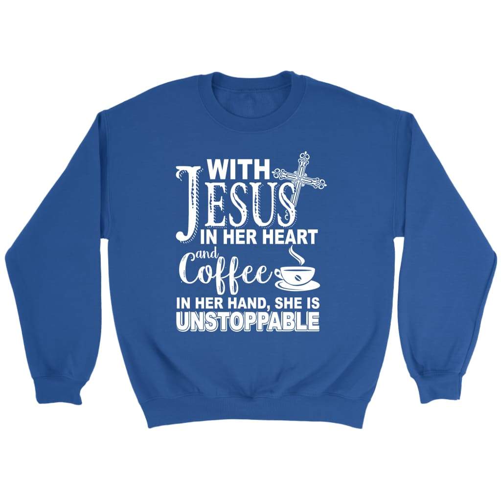 With Jesus in her heart and coffee in her hand Christian sweatshirt Royal / S