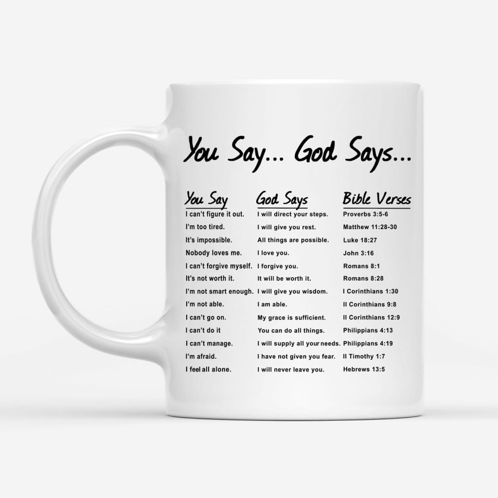Christian coffee mug featuring "You Say God Says" and Bible verses, meaningful and faith-based gift for any occasion / 11 oz