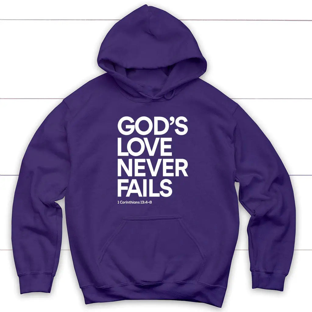 1 Corinthians 13:4-8 God’s Love Never Fails Bible Verse Hoodie Purple / S