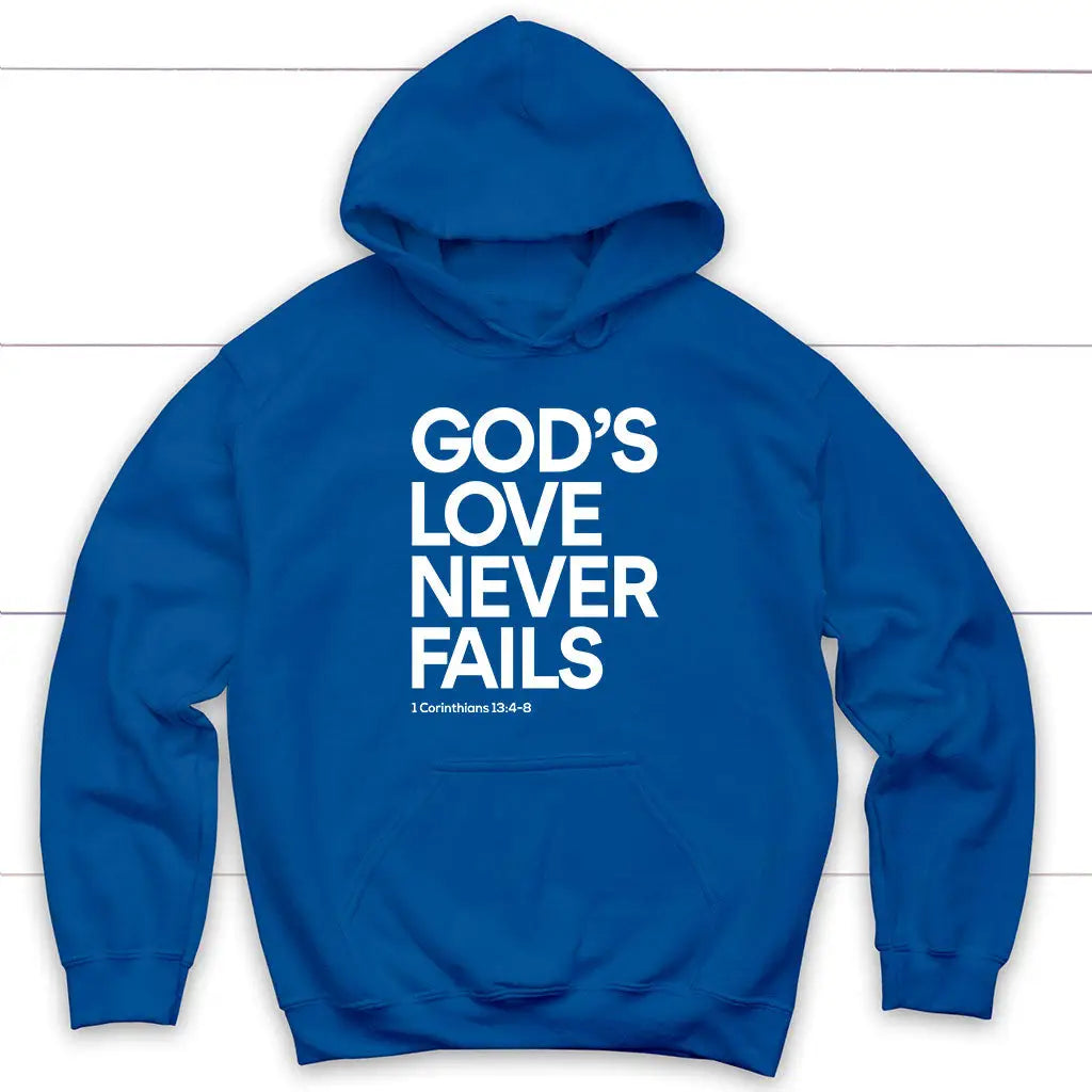 1 Corinthians 13:4-8 God’s Love Never Fails Bible Verse Hoodie Royal Blue / S