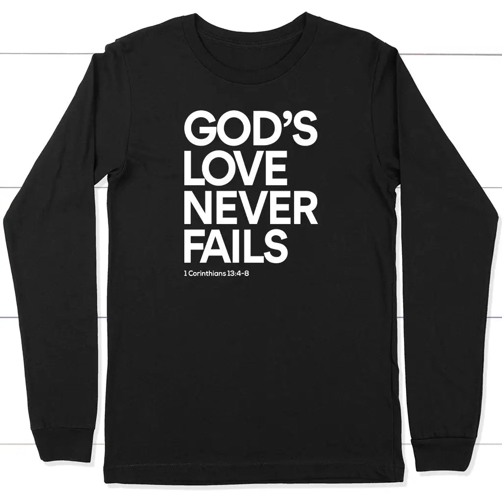 1 Corinthians 13:4-8 God’s Love Never Fails Bible Verse Long Sleeve Shirt Black / S