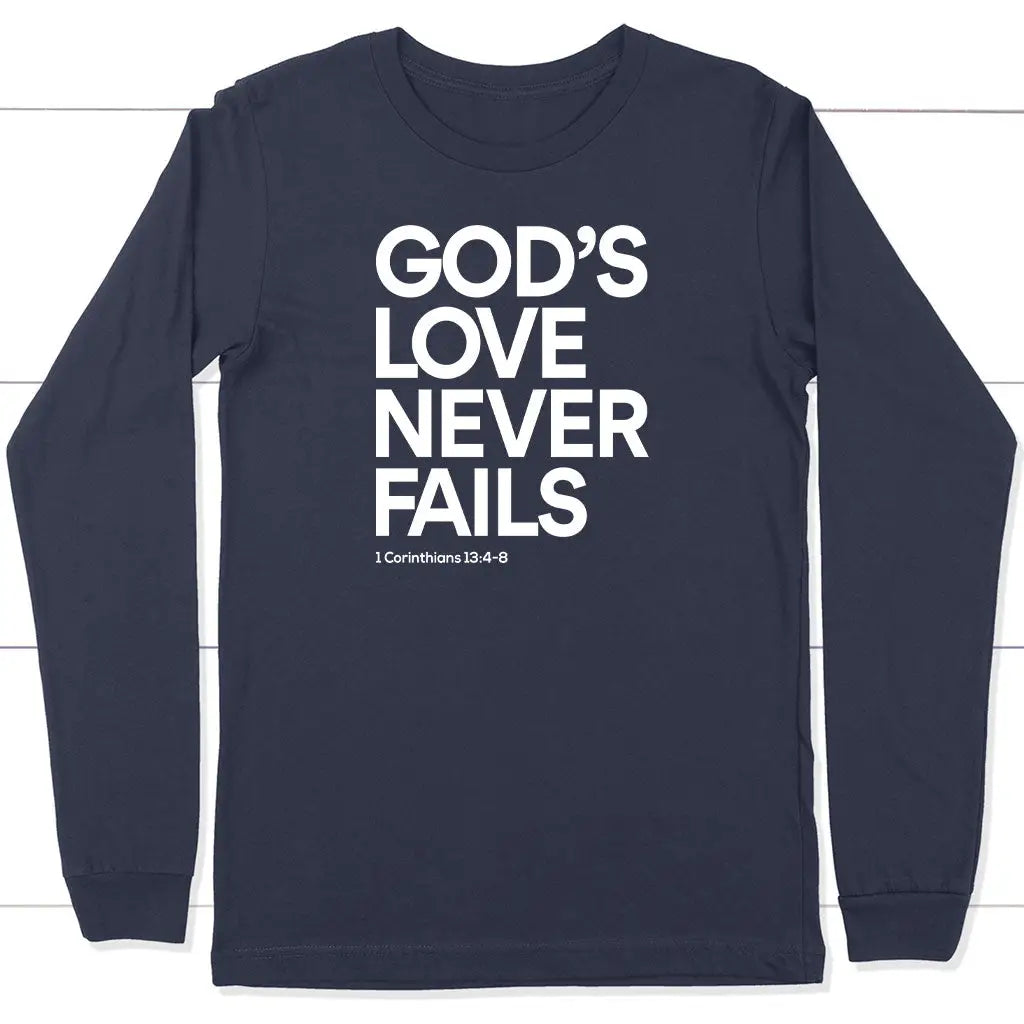 1 Corinthians 13:4-8 God’s Love Never Fails Bible Verse Long Sleeve Shirt Navy / S
