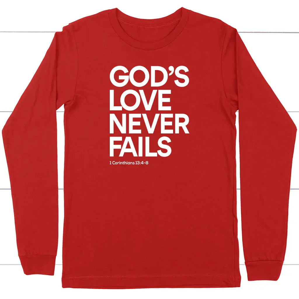 1 Corinthians 13:4-8 God’s Love Never Fails Bible Verse Long Sleeve Shirt Red / S