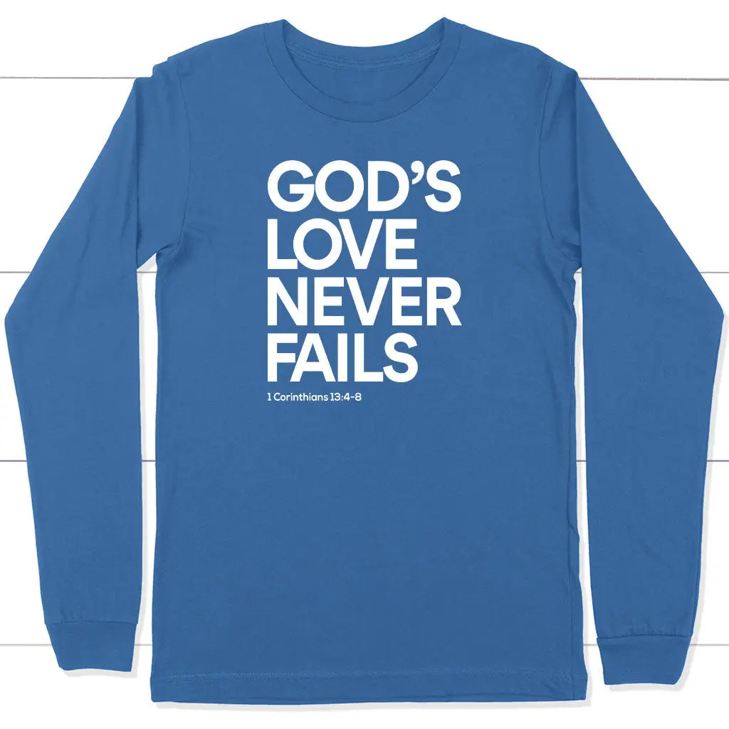 1 Corinthians 13:4-8 God’s Love Never Fails Bible Verse Long Sleeve Shirt True Royal / S