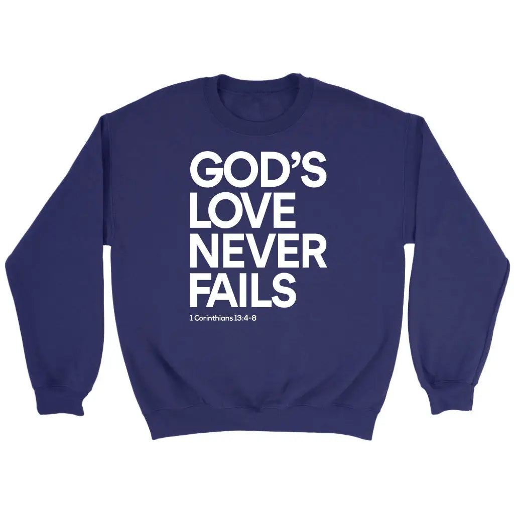 1 Corinthians 13:4-8 God’s Love Never Fails Bible Verse Sweatshirt Purple / S