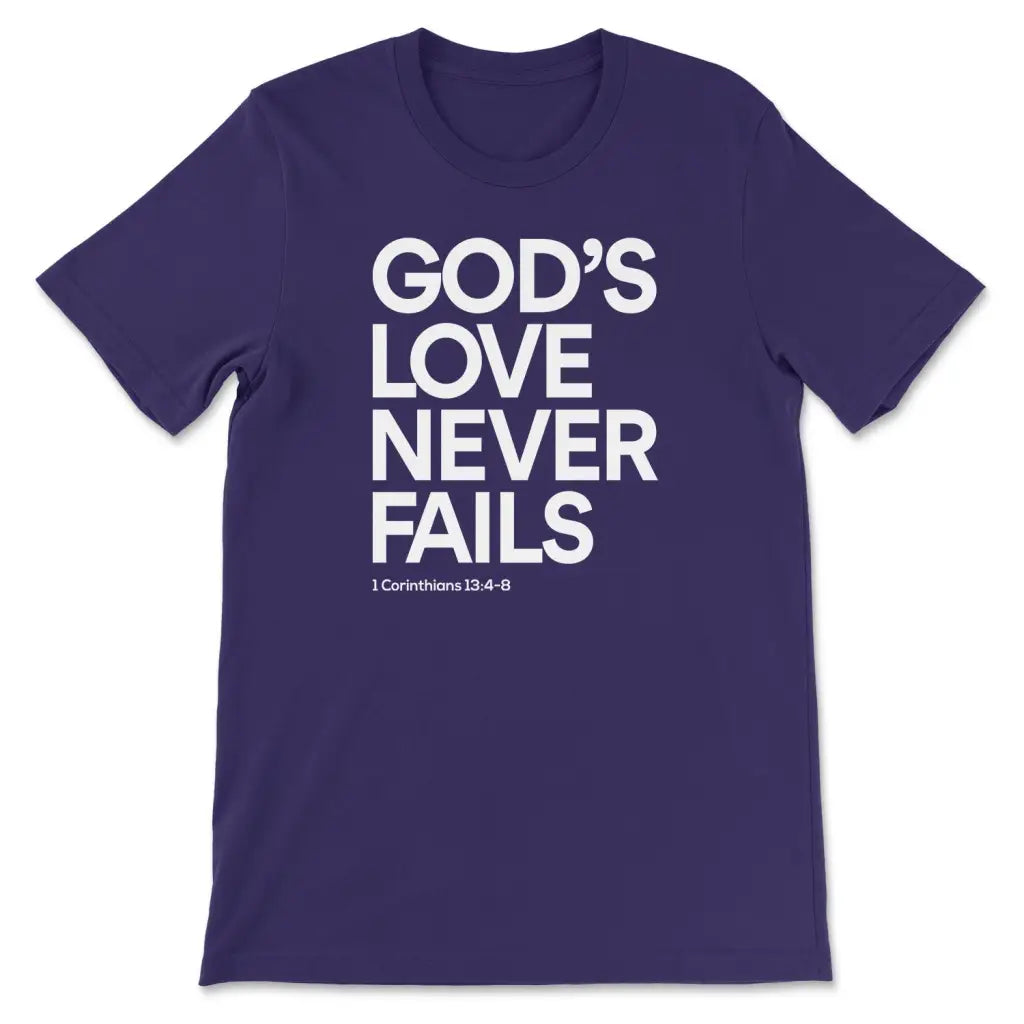 1 Corinthians 13:4-8 God’s Love Never Fails Bible Verse T-shirt Team Purple / S