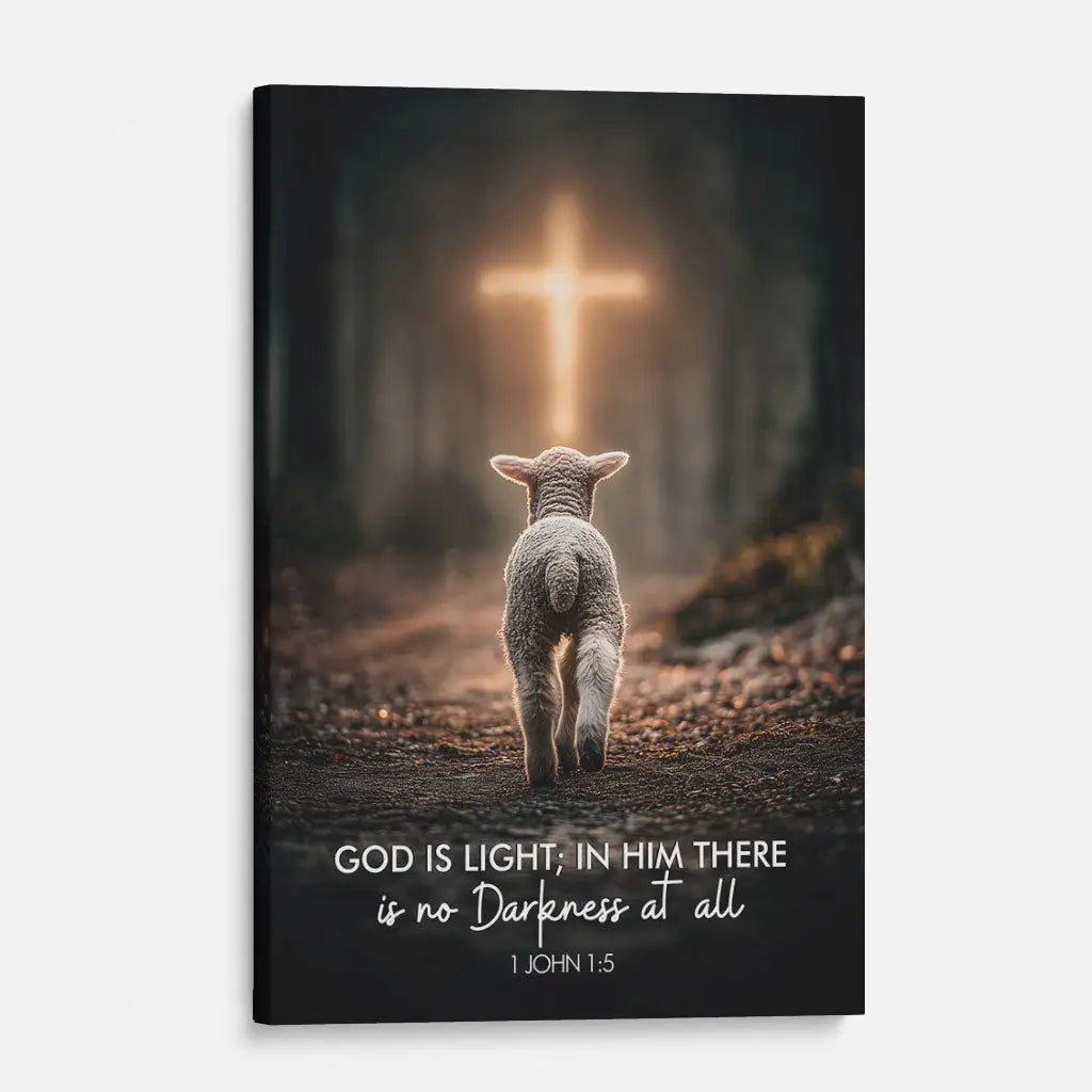 Inspirational Christian artwork with lamb and cross, 1 John 1:5 faith gift for birthdays or holidays.