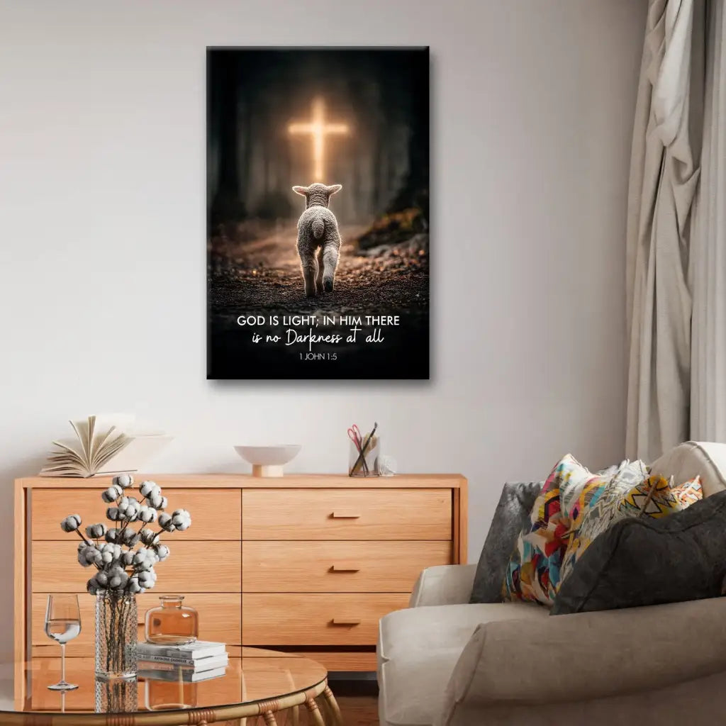 Christian wall art with lamb walking to cross, 1 John 1:5 Bible verse canvas about God’s light and hope.