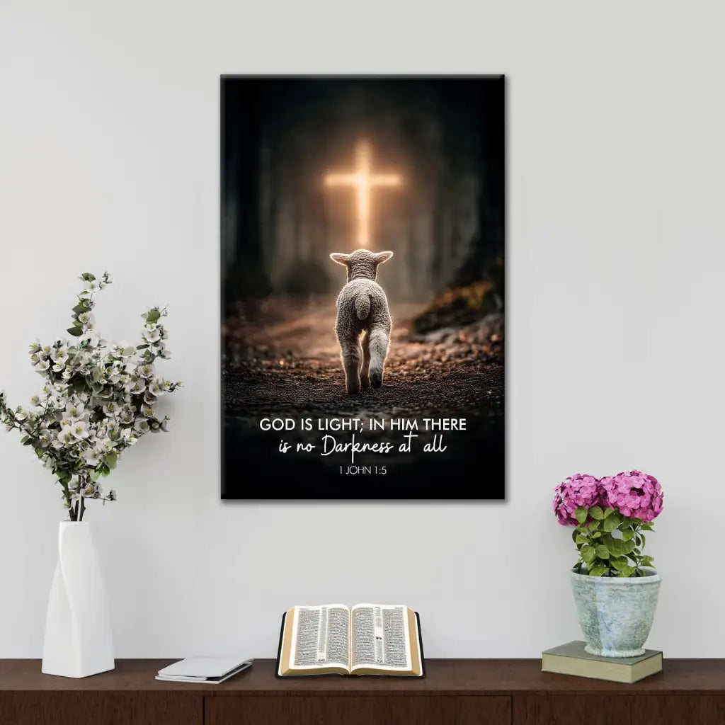 Christian canvas with lamb walking toward lighted cross, perfect Bible verse gift for hard times or healing.