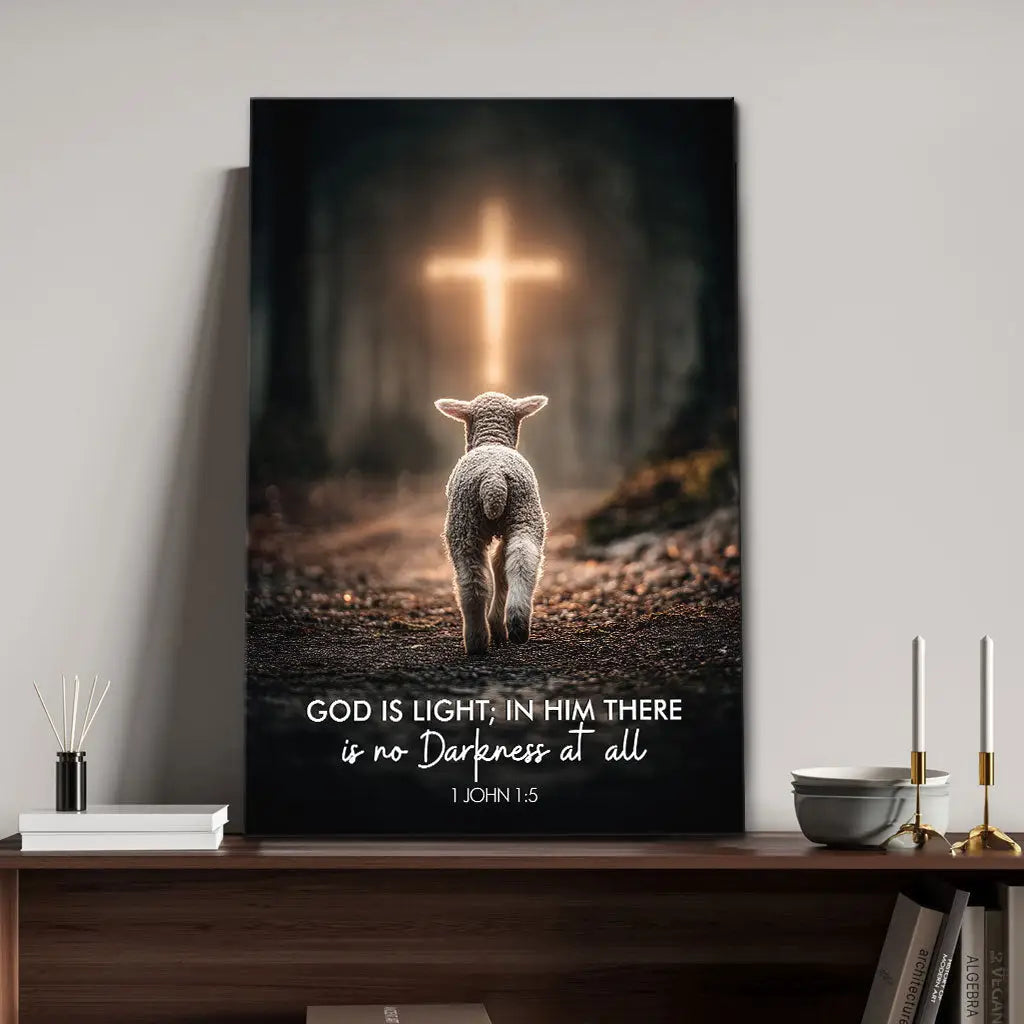 1 John 1:5 God is Light Lamb Walking Toward the Cross Canvas Wall Art