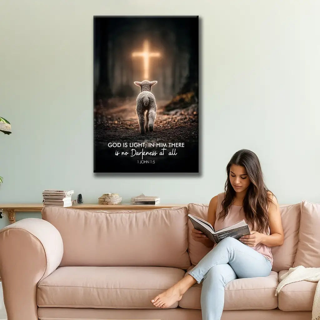 Faith-based wall art with lamb and glowing cross, Christian décor with 1 John 1:5 scripture message.