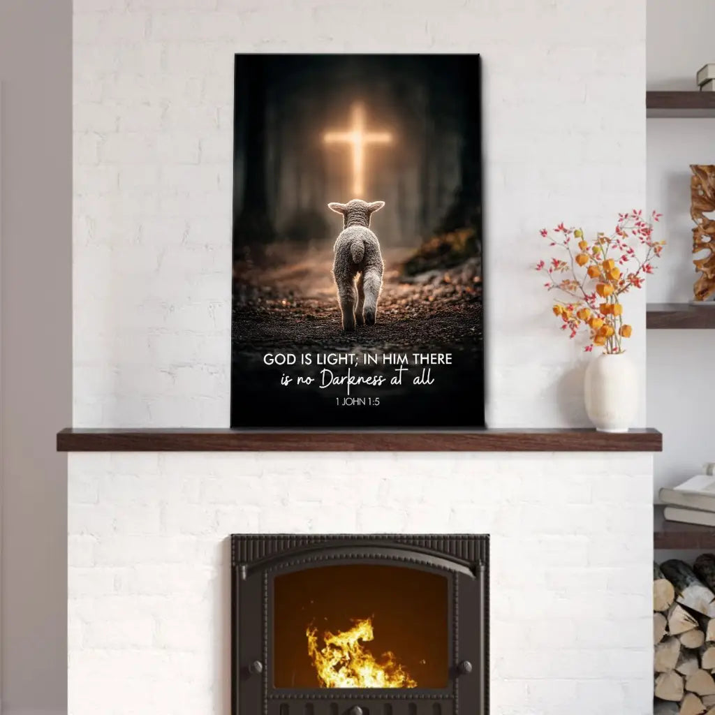 God is Light canvas with lamb and cross, inspirational Christian gift for comfort, faith, and encouragement.