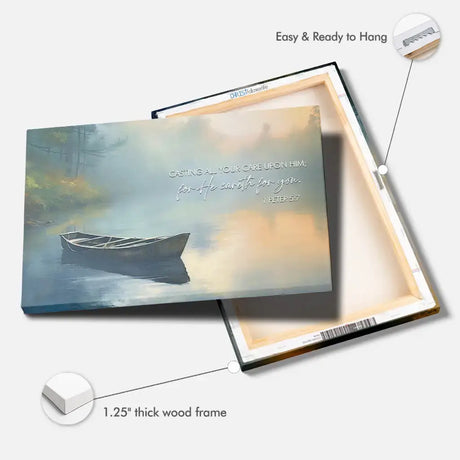 1 Peter 5:7 KJV Scripture wall art: "Casting all your care upon Him." Serene Christian painting for faith-filled spaces.