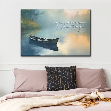 Inspirational Christian decor with 1 Peter 5:7 KJV Bible verse, perfect for gifts and religious home decoration.
