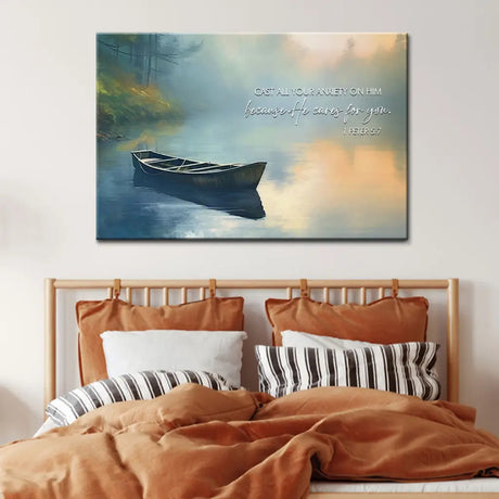 Bible Verse wall decor displaying 1 Peter 5:7, "Cast All Your Anxiety on Him," with a peaceful river and boat scene, great religious home decor.