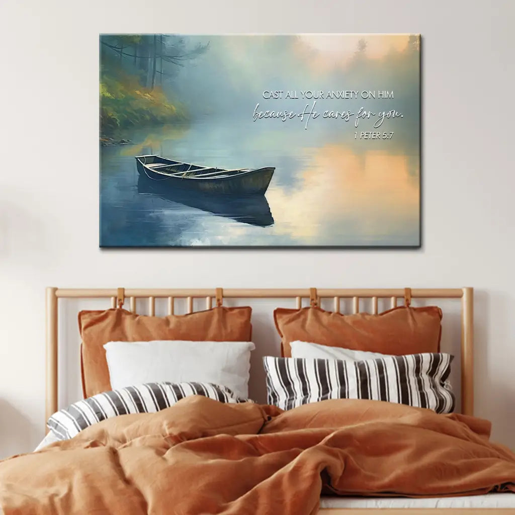 Bible Verse wall decor displaying 1 Peter 5:7, &quot;Cast All Your Anxiety on Him,&quot; with a peaceful river and boat scene, great religious home decor.